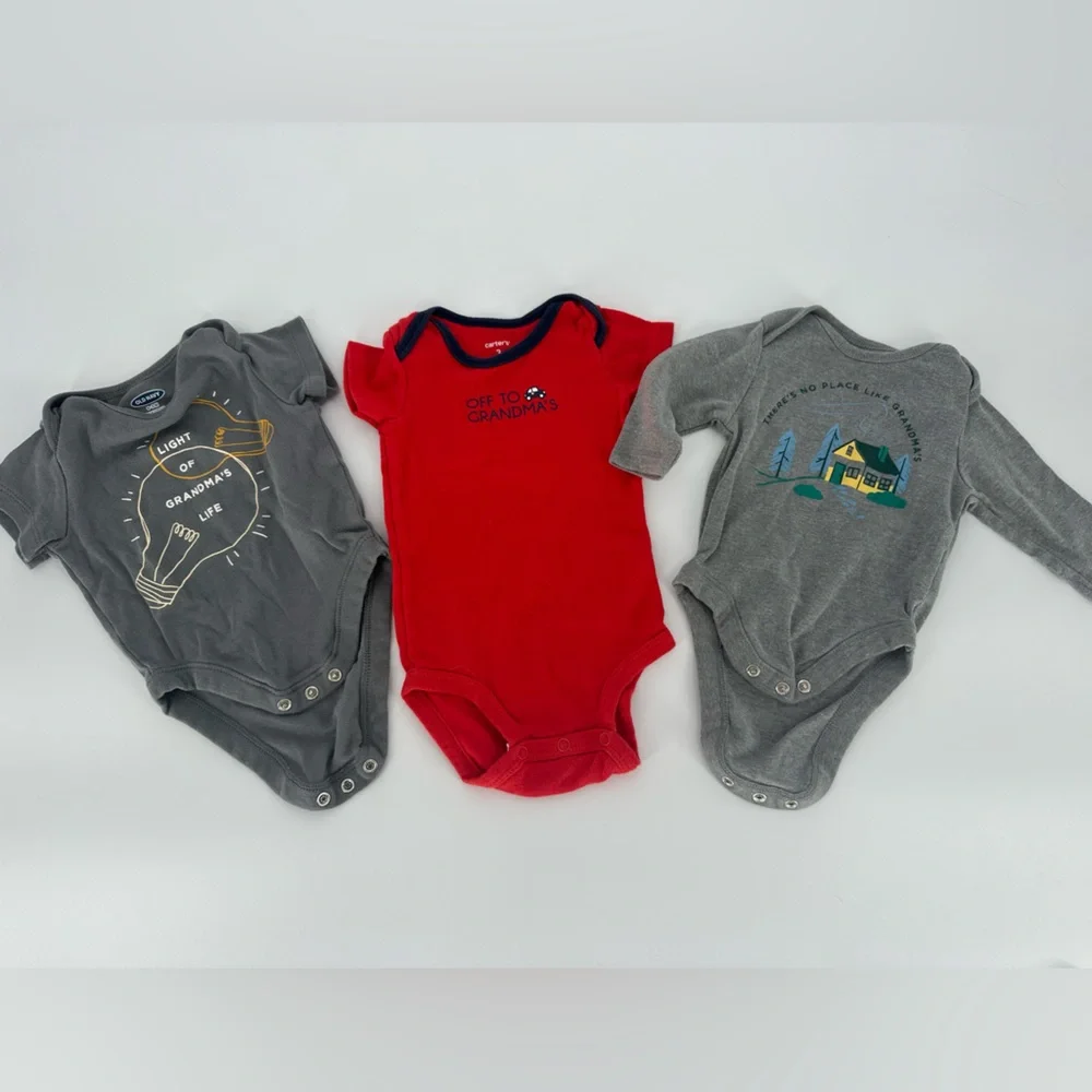 Lot of 3 Baby Bodysuits Grandma Theme Unisex Off to Grandma’s 0-3 Months